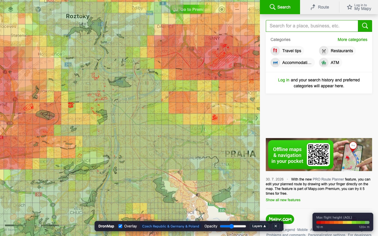 Czech drone zones over Prague with the DroneMapy toolbar