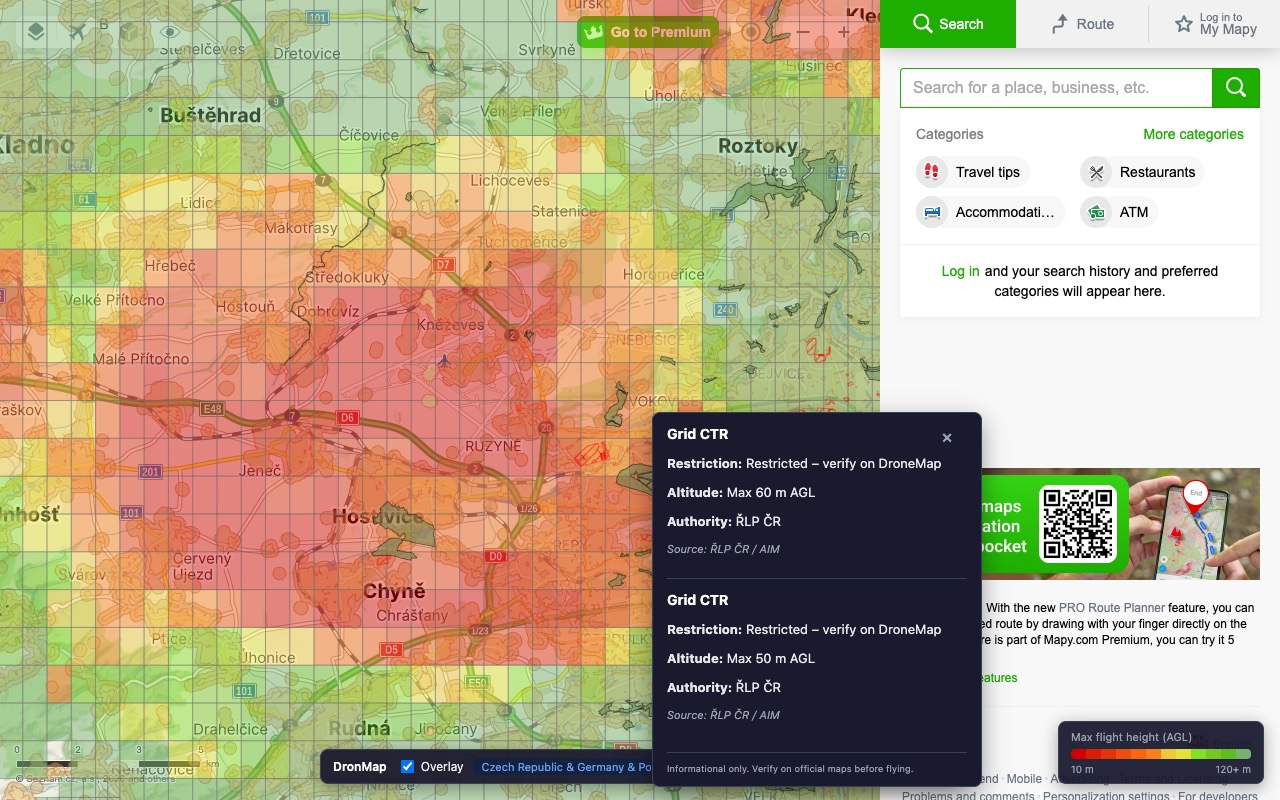 Zone details panel after clicking a restricted area near Prague